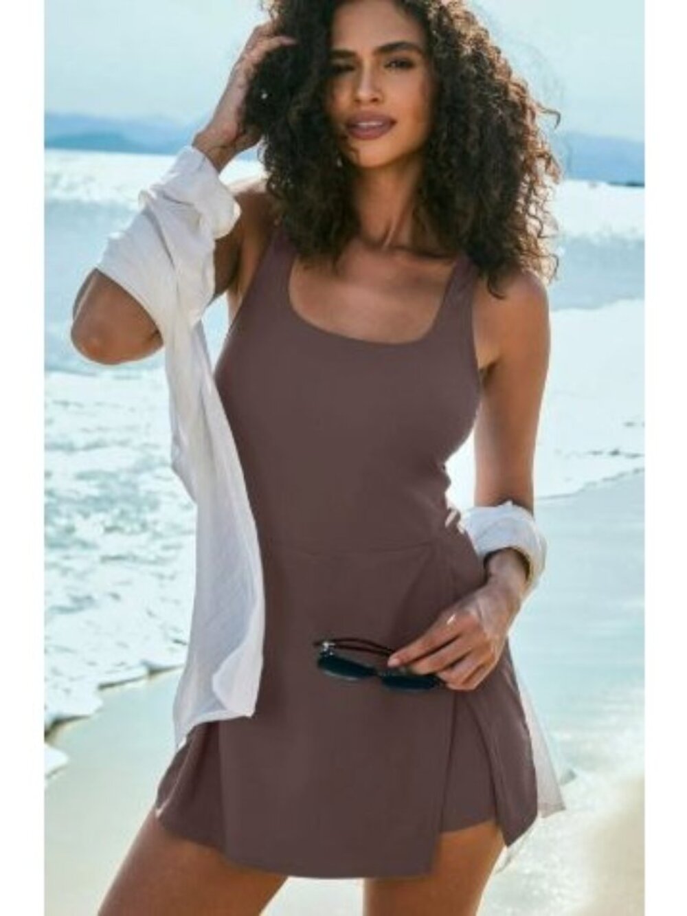 Women’s XL Swim Dress One Piece Brown Tummy Control Shorts Inside